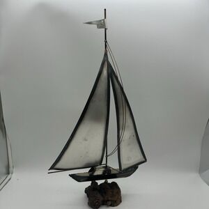MCM Sculpture‎ torched steel sailing boat on driftwood  25" Tall